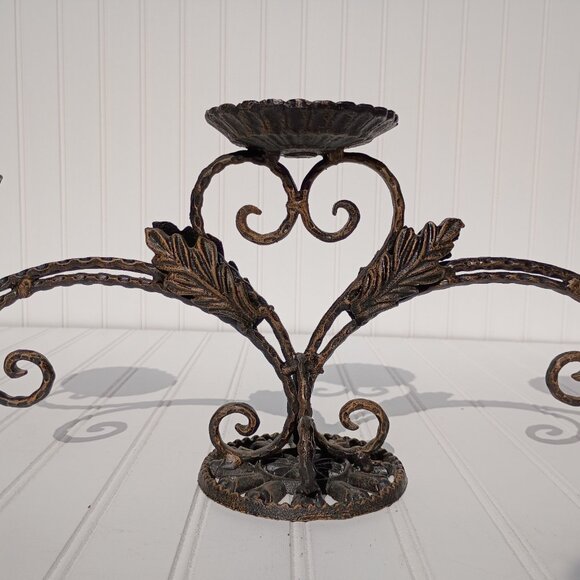 Cast Iron 3 Sconce Candelabra Bronze Gold Leaf Accents Heavy Candle Holder Vtg - Picture 2 of 13